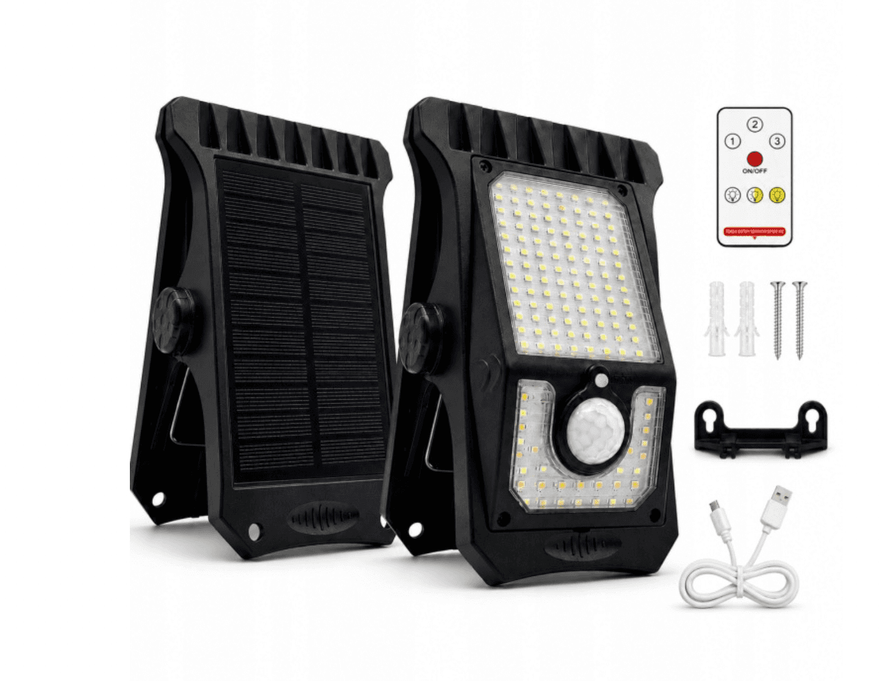 Lampa solarna LED z panelem solarnym, pilotem, uchwytem, kołkami i przewodem USB-C