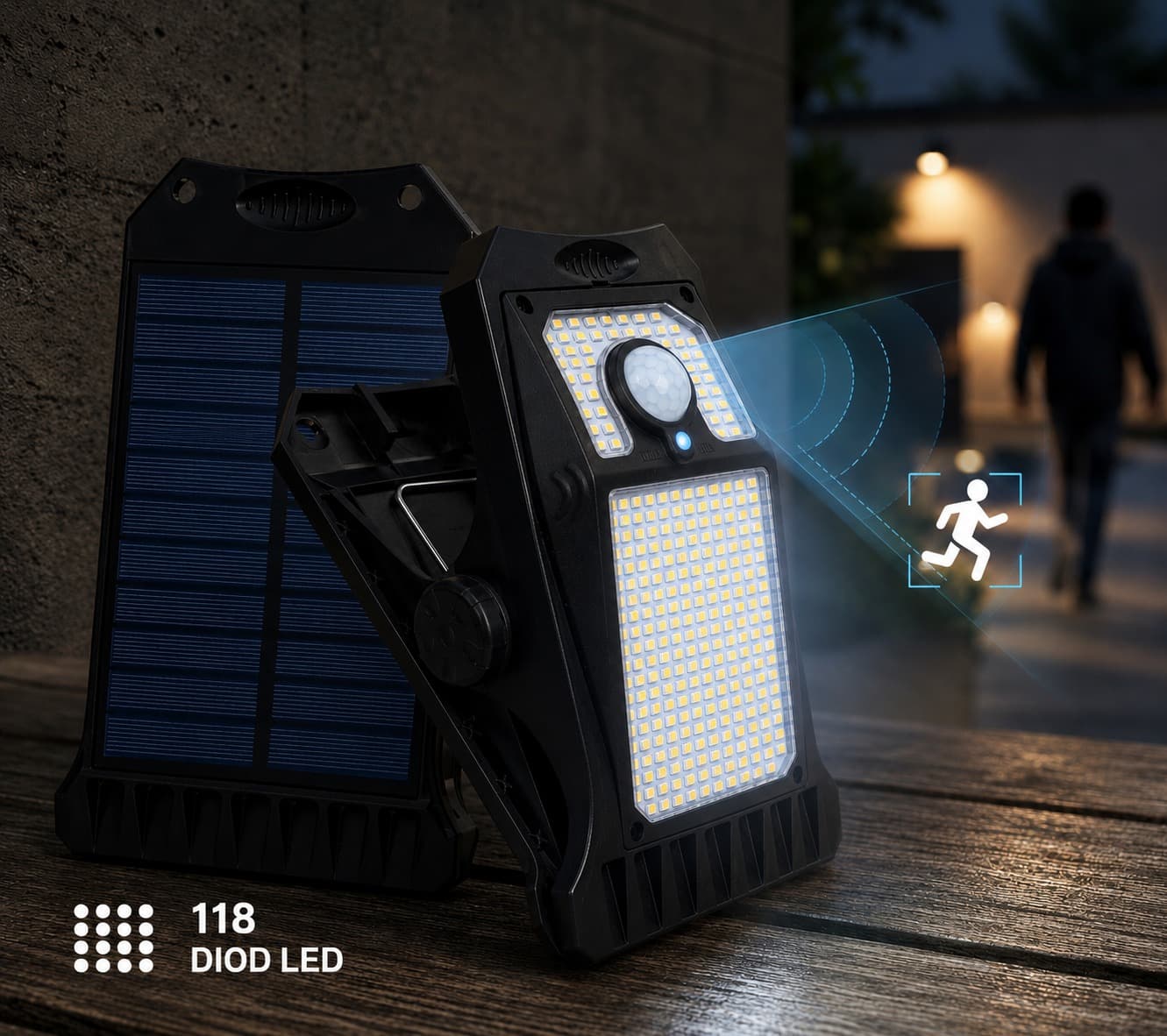 Lampa solarna ze 118 diodami LED reagująca na wykryty ruch